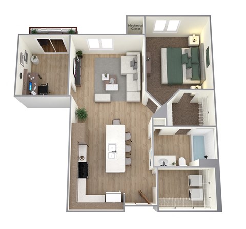 Floor plan for 1 bed, 1 bath, 876 sqft